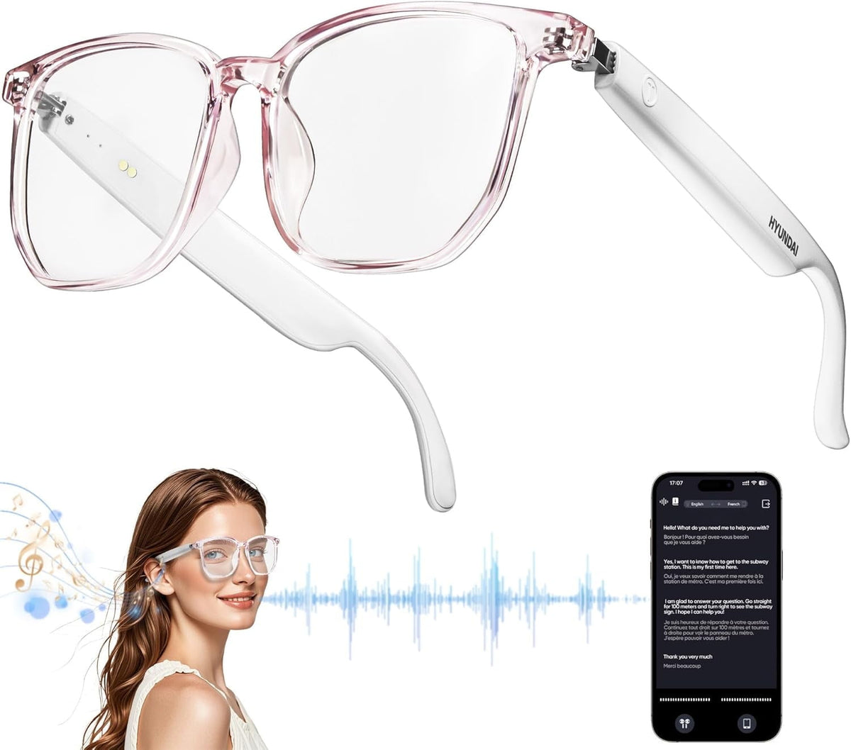 MUSICOZY AI Translator Smart Glasses for Men Women Bluetooth Audio Glasses with 110+ Translation Smart Glasses Real-Time Translation Multifunctional Bluetooth Glasses Open Ear Lighweight (White)