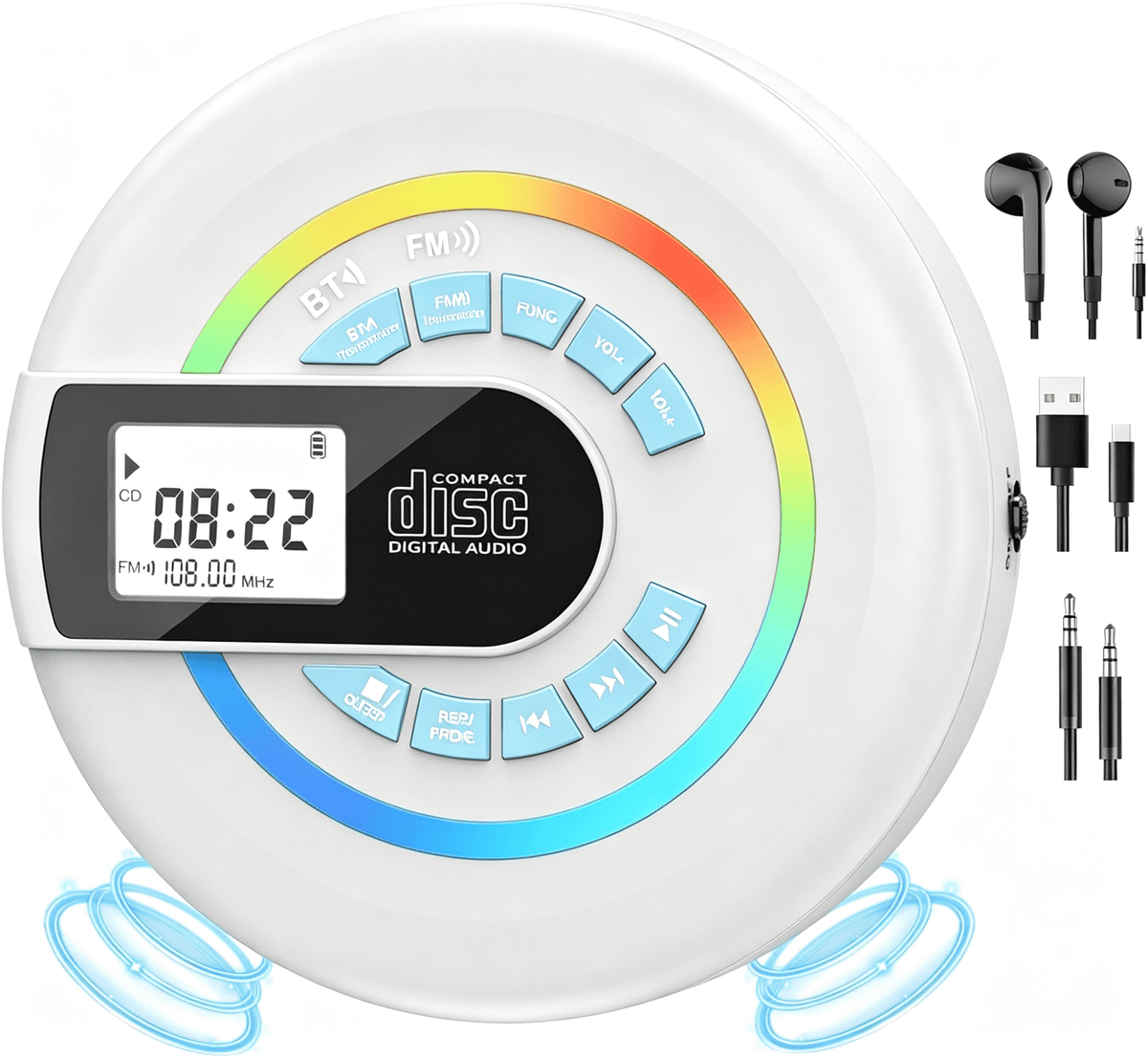 MUSICOZY Portable CD Player Bluetooth Personal CD Player with Built‑in Speakers Rechargeable Walkmans Support CD/MP3 Disc&USB Playback LCD Display Retro CD Player for Home Travel Car Student