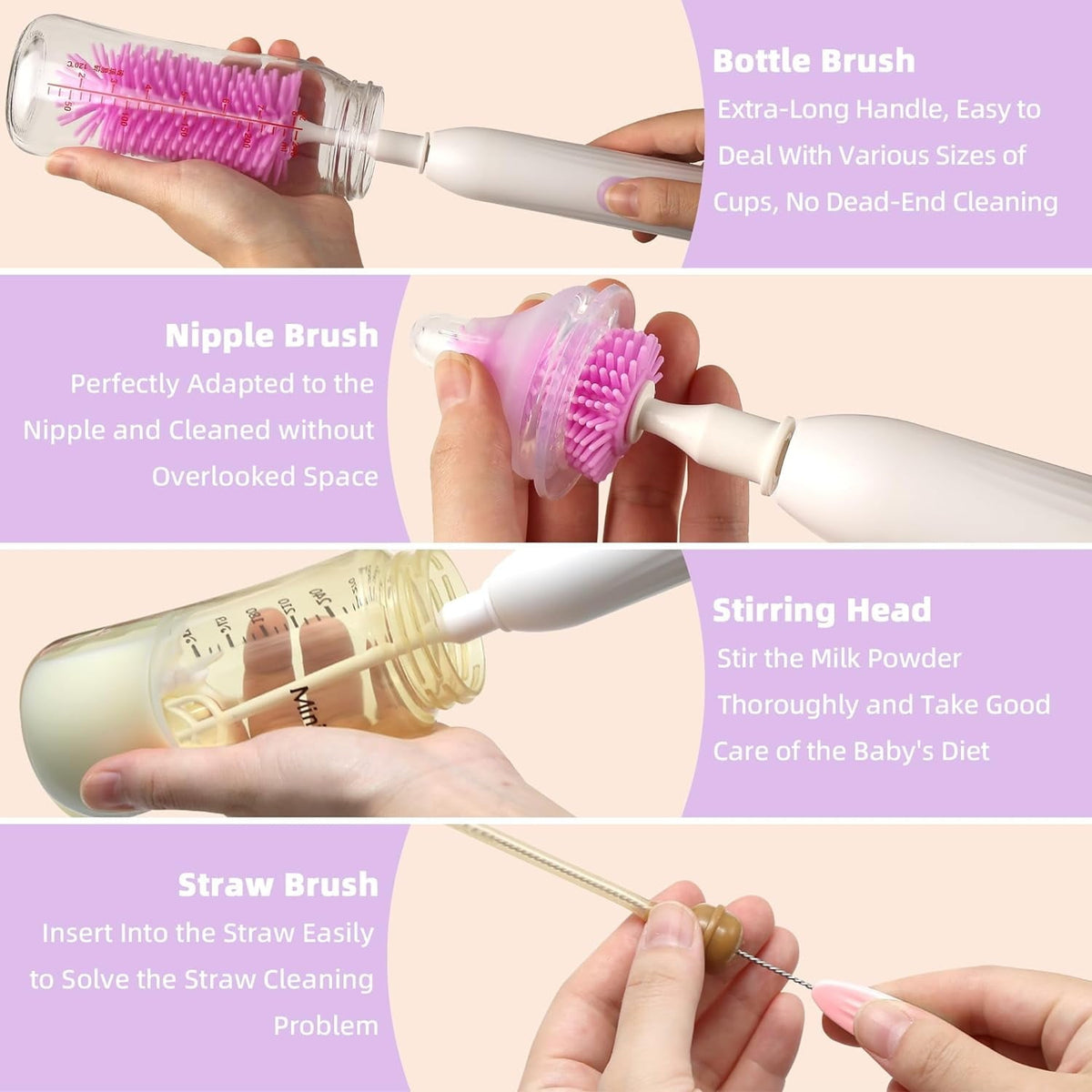 Electric Bottle Brush Cleaner  Rechargable Electric Baby Bottle Brush for Travel  Waterproof Electric Bottle Cleaner Set with Nipple & Straw Brush  Perfect Essentials Gift for Mom After Birth  Purple