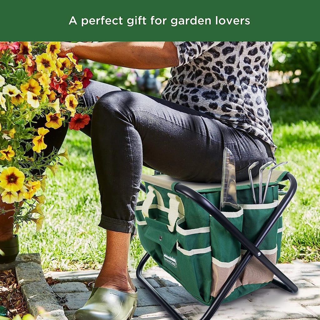 Garden Tool Set 12 Piece Gardening Kit with Heavy Duty Folding Stool Gardening Tools with Detachable Canvas Storage Tote Bag Stainless Steel Outdoor Hand Garden Tools  Gardening Gifts for Women Men