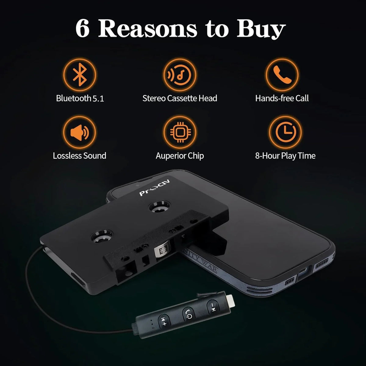 New Car Audio Bluetooth Wireless Cassette Receiver  Bluetooth 5.1 Car Audio Stereo Cassette Vehicle Tape Converter Cassette  Work While Charging Black