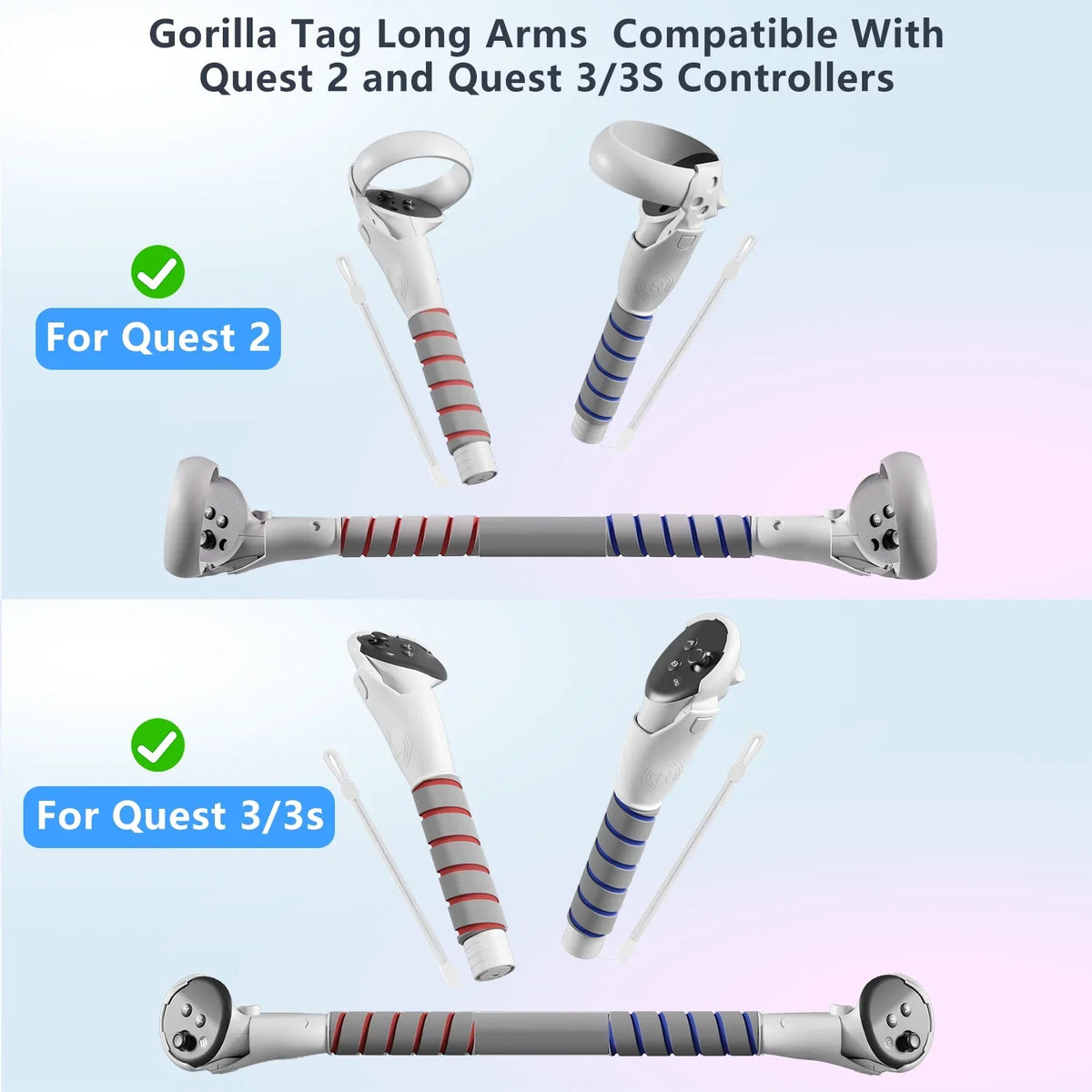 Controller Handle Attachments for Oculus Quest 3S/3/2 VR Accessories  Long Stick and Dual Handle Extension Grips Compatible with Meta Quest for Gorilla Tag Beat Saber Golf Club Baseball Multiple Game