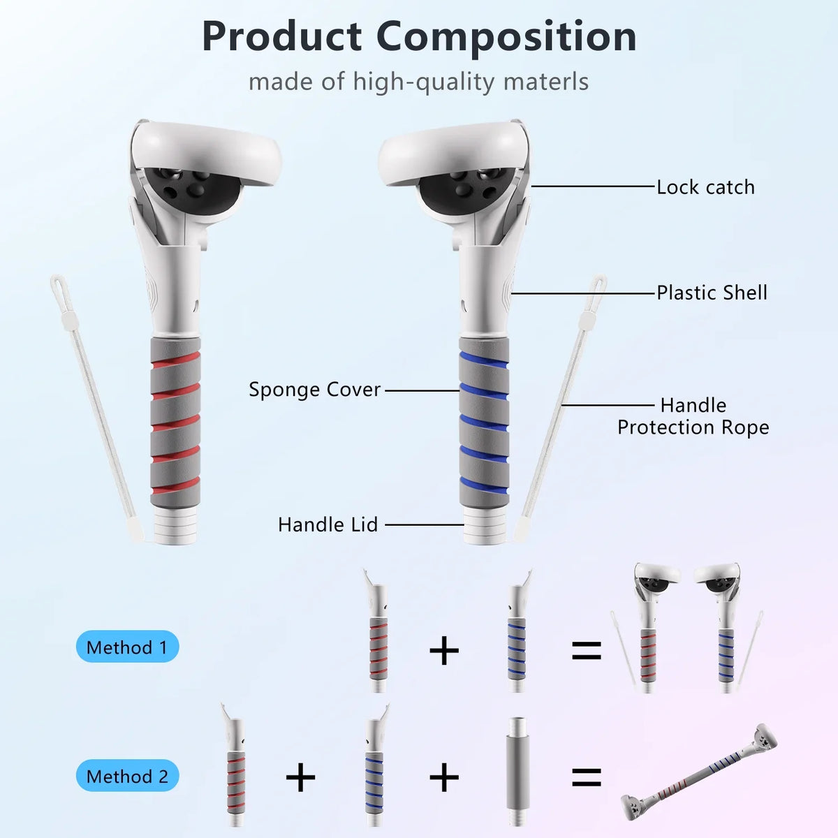 Controller Handle Attachments for Oculus Quest 3S/3/2 VR Accessories  Long Stick and Dual Handle Extension Grips Compatible with Meta Quest for Gorilla Tag Beat Saber Golf Club Baseball Multiple Game