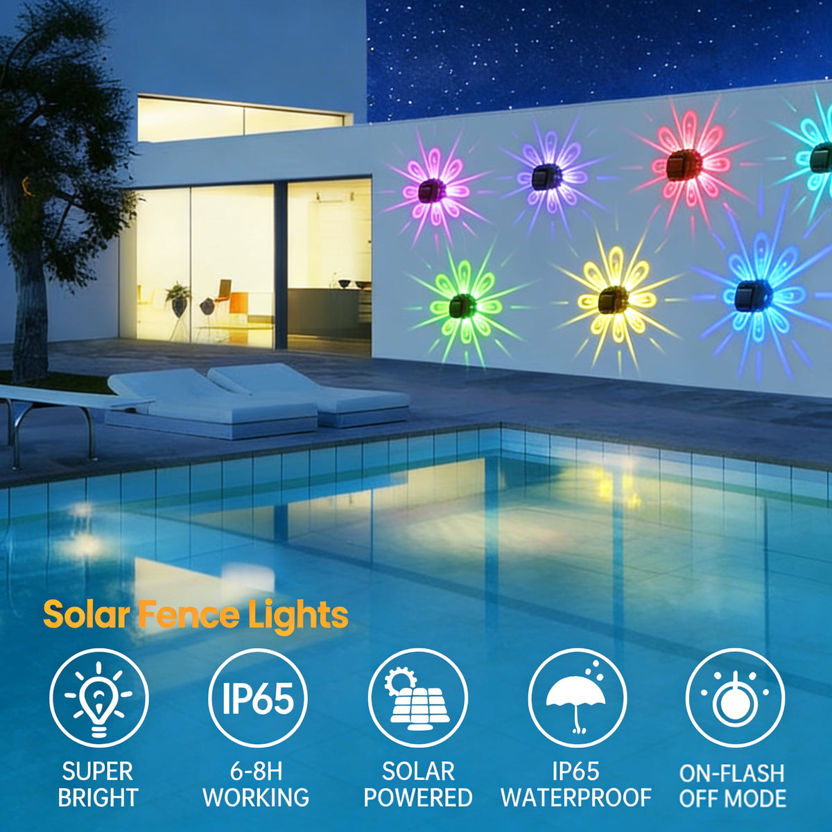 XEAZON 2PCS Solar Fence Lights RGB Solar Deck Lights for Christmas Decor IP65 Waterproof Outside Garden Steps Shadow Decoration Light for Wall Patio Stair Yard Pathway Courtyard 7 Colors Change