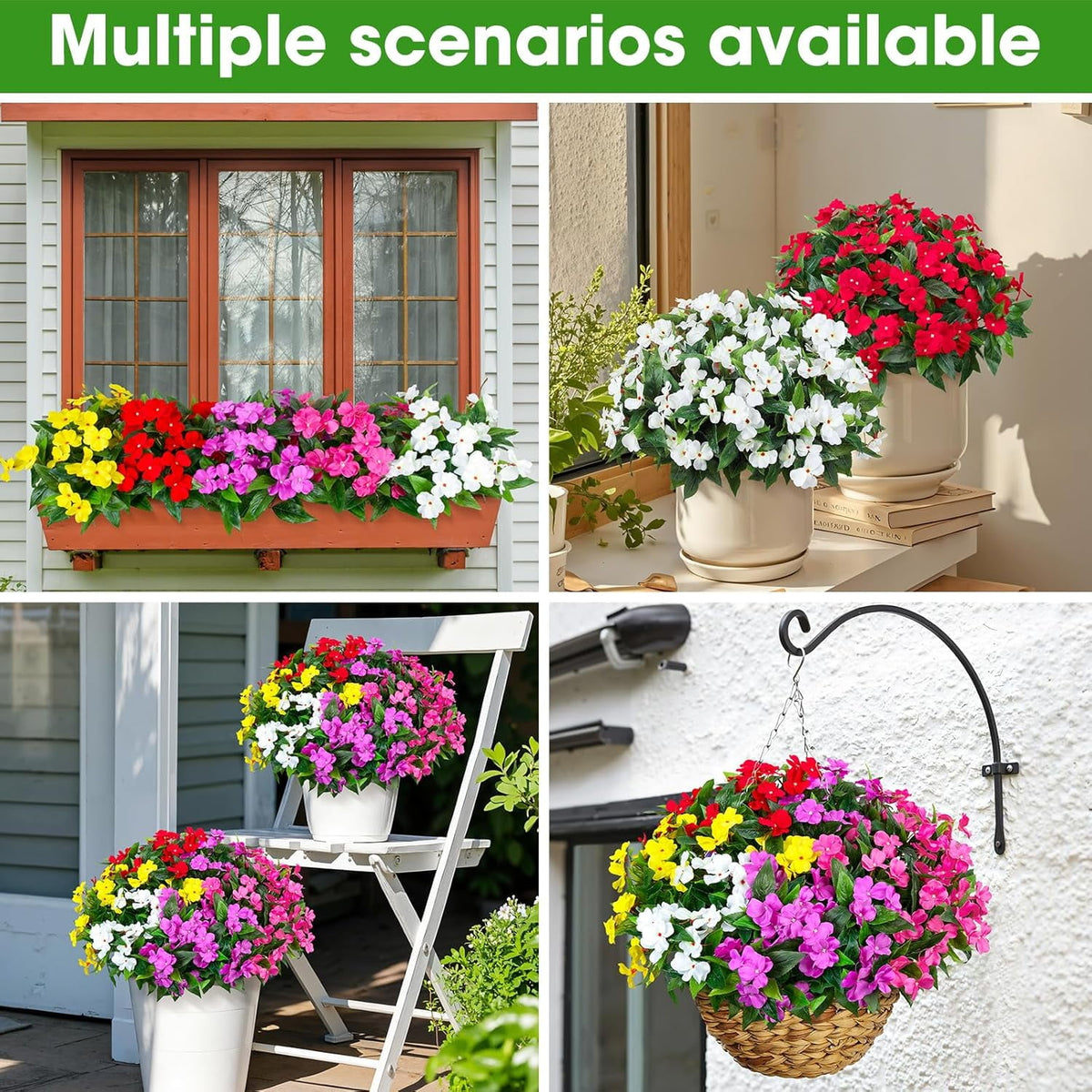 5 Pcs Artificial Flowers for Outdoors Silk Impatiens Flowers Bouquet Decorations Fake Faux Plants UV Resistant for Spring Summer Garden Porch Patio Window Box Balcony Planters Home Decor Multicolor