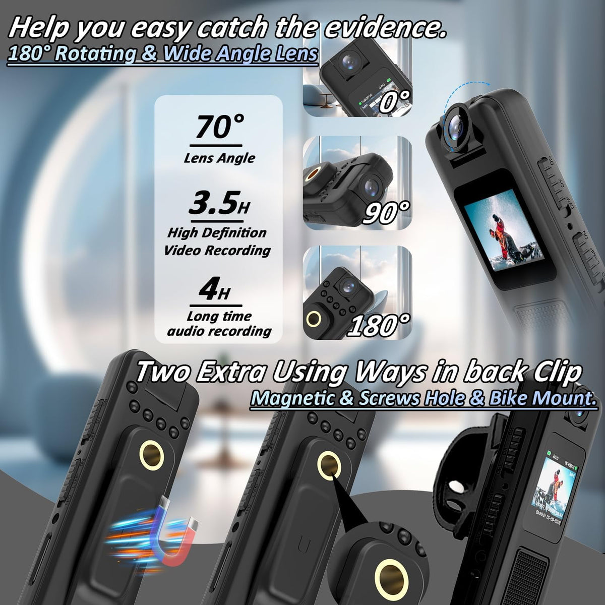 Mini Body Camera with Audio & Video Recording -1080p 64GB Camcorders -180° Rotatable Lens with Night Vision Loop Recording Worn Cams - for Personal Travel Walking Law Enforcement Outdoor