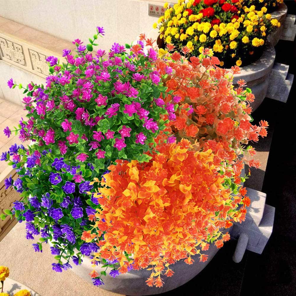10 Bundles Artificial Fall Flowers Fake Outdoor UV Resistant Plastic Flowers Autumn Artificial Plants for Backyard Window Box Porch Patio Garden Home Christmas Festival Thanksgiving Autumns Decor