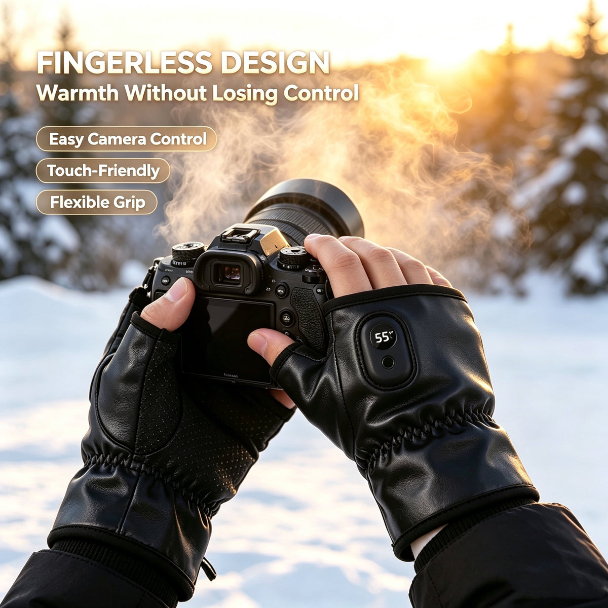 Heated Gloves Rechargeable-Smart Thermostatic Heated Fingerless Gloves Heat Up to 131℉ Portable Heating Glove with Digital Display 3 Temperature Settings for Hiking Skiing Cycling Gifts for Women Man