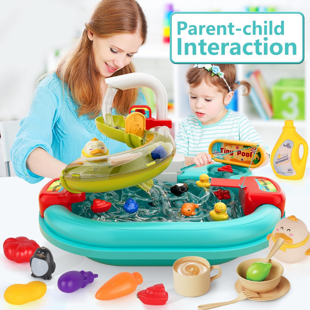 Toddler Toys Baby Toys Kid Toys Fishing Table and Dishwasher Toys Kids Kitchen Sink & Fishing Playset & Electric Dishwasher Toys Electric Water Table for Kid 3-12 Years Play Sink Fishing Toy Pool Set