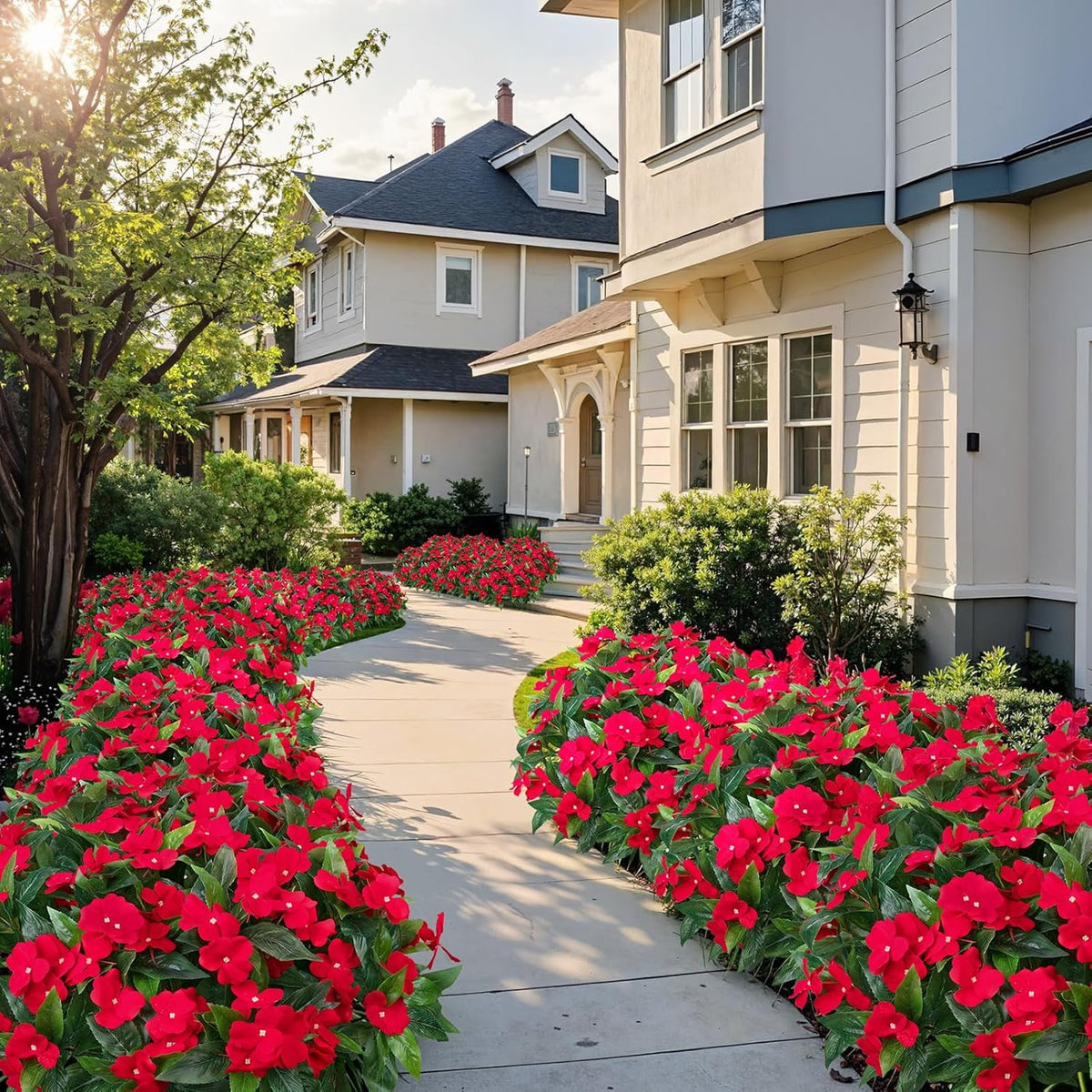 5 Pcs Artificial Flowers for Outdoors Silk Impatiens Flowers Bouquet Decorations Fake Faux Plants UV Resistant for Spring Summer Garden Porch Patio Window Box Balcony Planters Home Decor Red