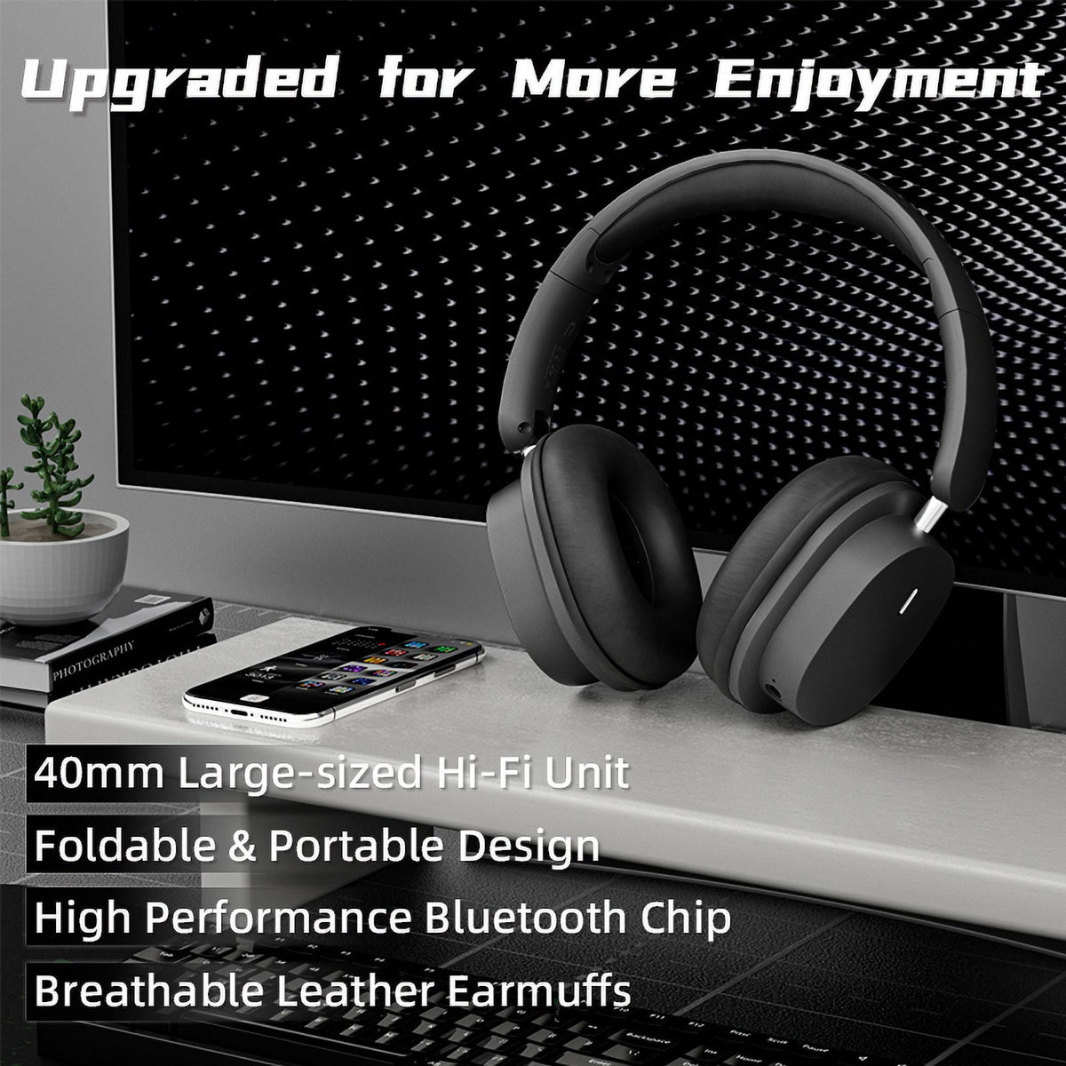 Wireless Bluetooth Headphones Over Ear Hi-Fi Stereo Wireless Headphones Foldable/Wired/Wireless with Microphone/TF Available for TV Travel Home Office Headset Quick Charge 20 Hours Playtime Black