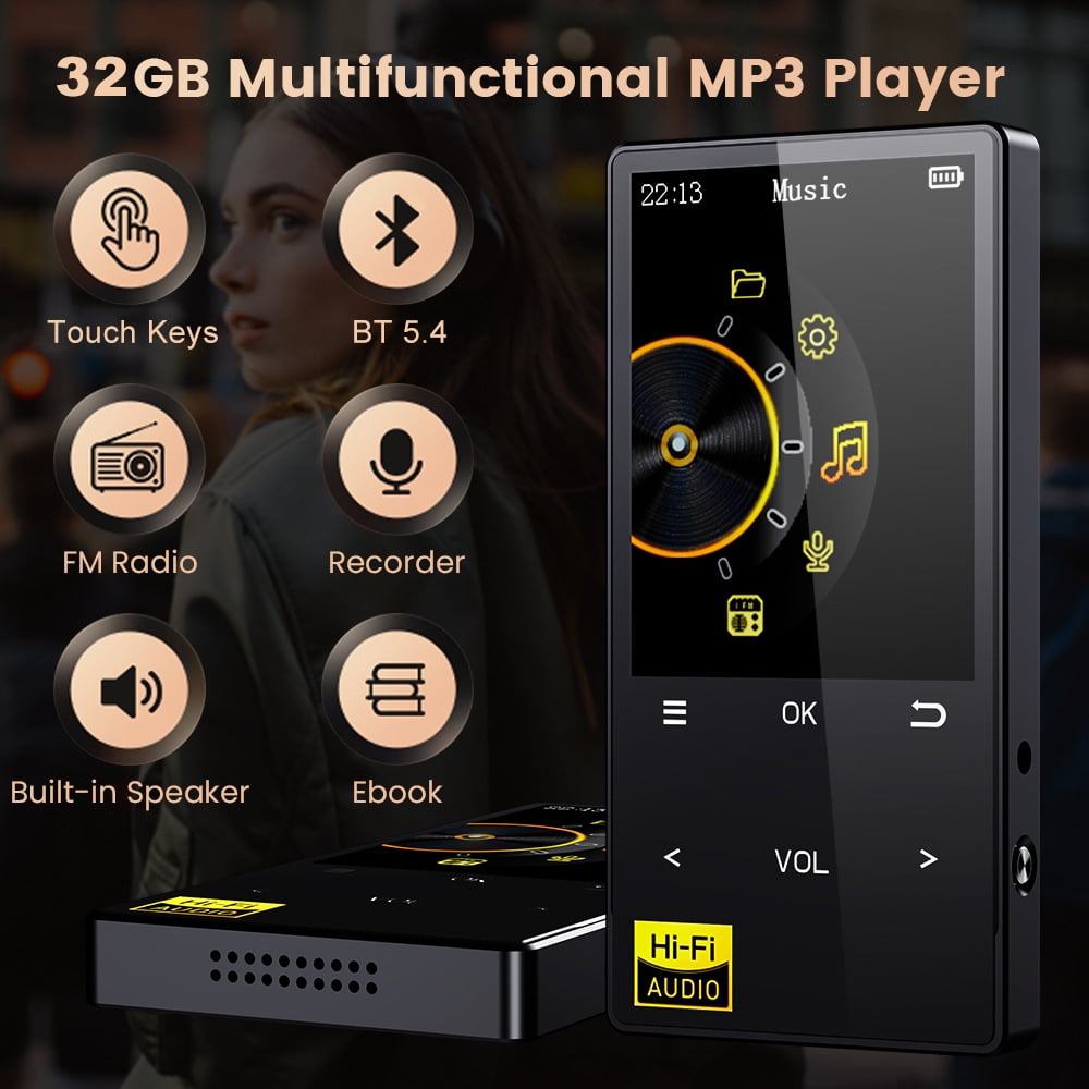 32GB MP3 Player with Bluetooth 5.4 Portable Lossless HiFi Sound Music Player with HD Speaker Digital Audio Player E-Book/Recorder/FM Radio Touch Buttons Support up to 128GB for Running Walking