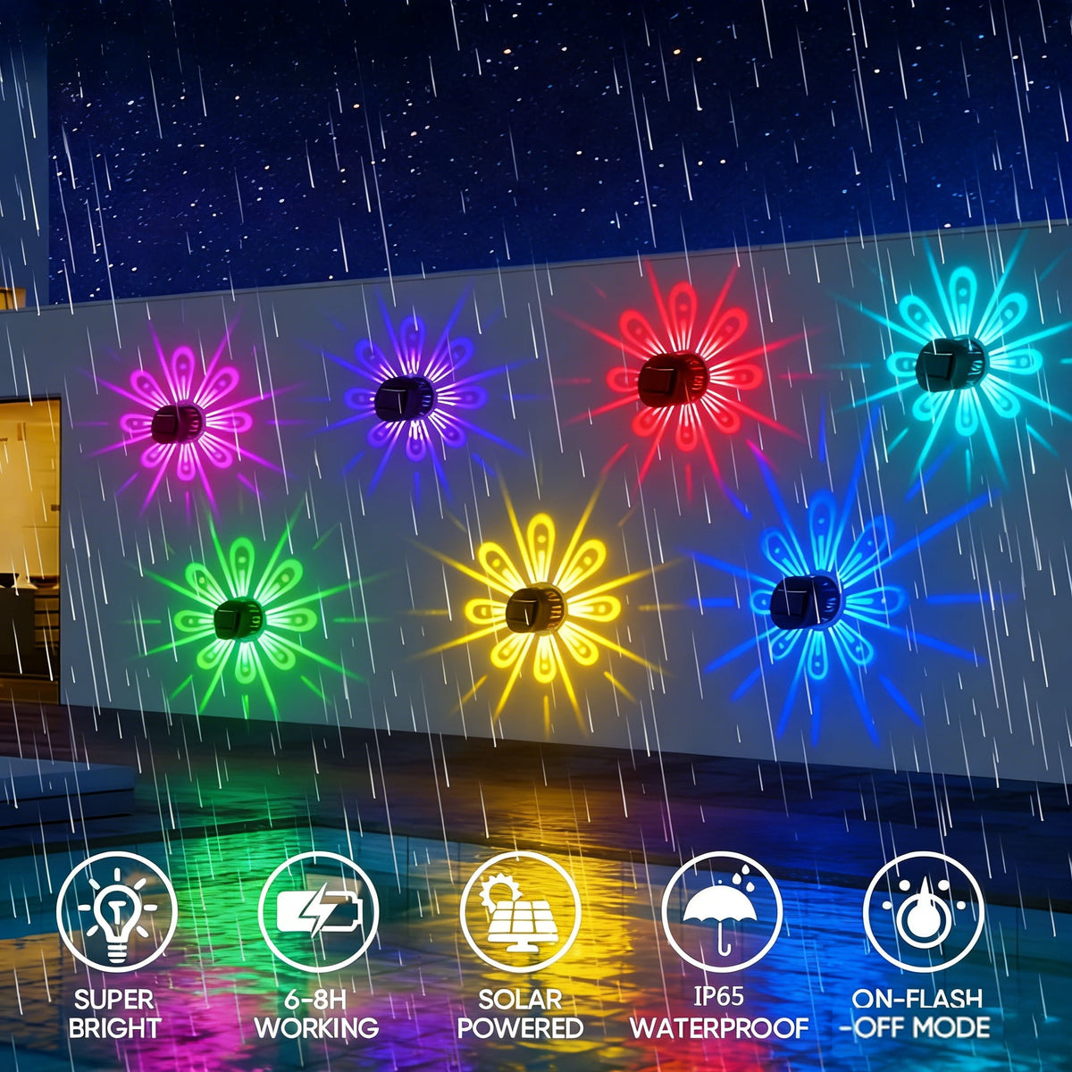 XEAZON 2PCS Solar Fence Lights RGB Solar Deck Lights for Christmas Decor IP65 Waterproof Outside Garden Steps Shadow Decoration Light for Wall Patio Stair Yard Pathway Courtyard 7 Colors Change