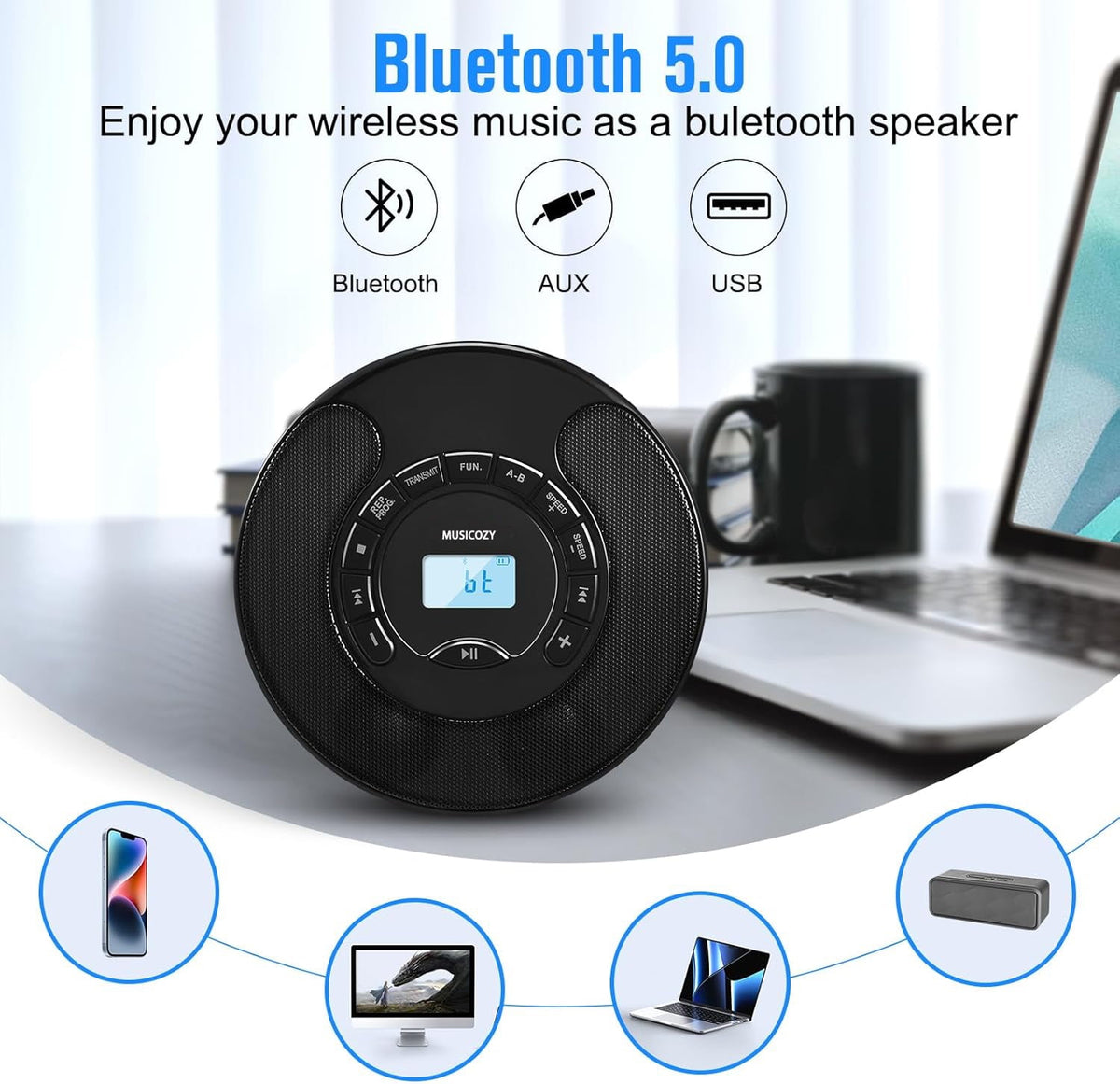 Portable CD Player with Bluetooth Rechargeable Walkmans CD Player for Car Built-in Speaker Bluetooth Transmitter A-B Repeat and Speed+/- Personal CD Player with Headphone Jack AUX Cable Best Gift