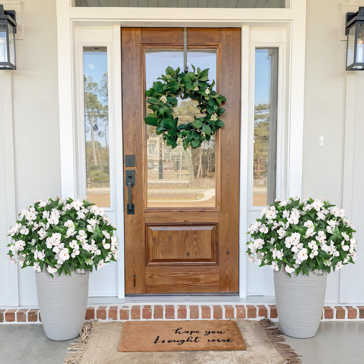 5 Pcs Artificial Flowers for Outdoors Silk Impatiens Flowers Bouquet Decorations Fake Faux Plants UV Resistant for Spring Summer Garden Porch Patio Window Box Balcony Planters Home Decor White