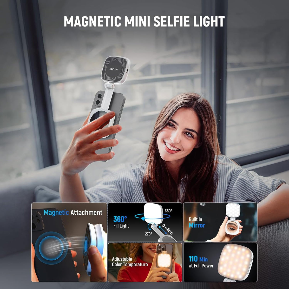 Magnetic Selfie Light for iPhone Instant Attachment for MagSafe CRI95 700lx/0.3m Folding LED Phone Fill Ring Lighting Phone Light with a Mirror for Zoom Makeup Photography Recording Video Conference